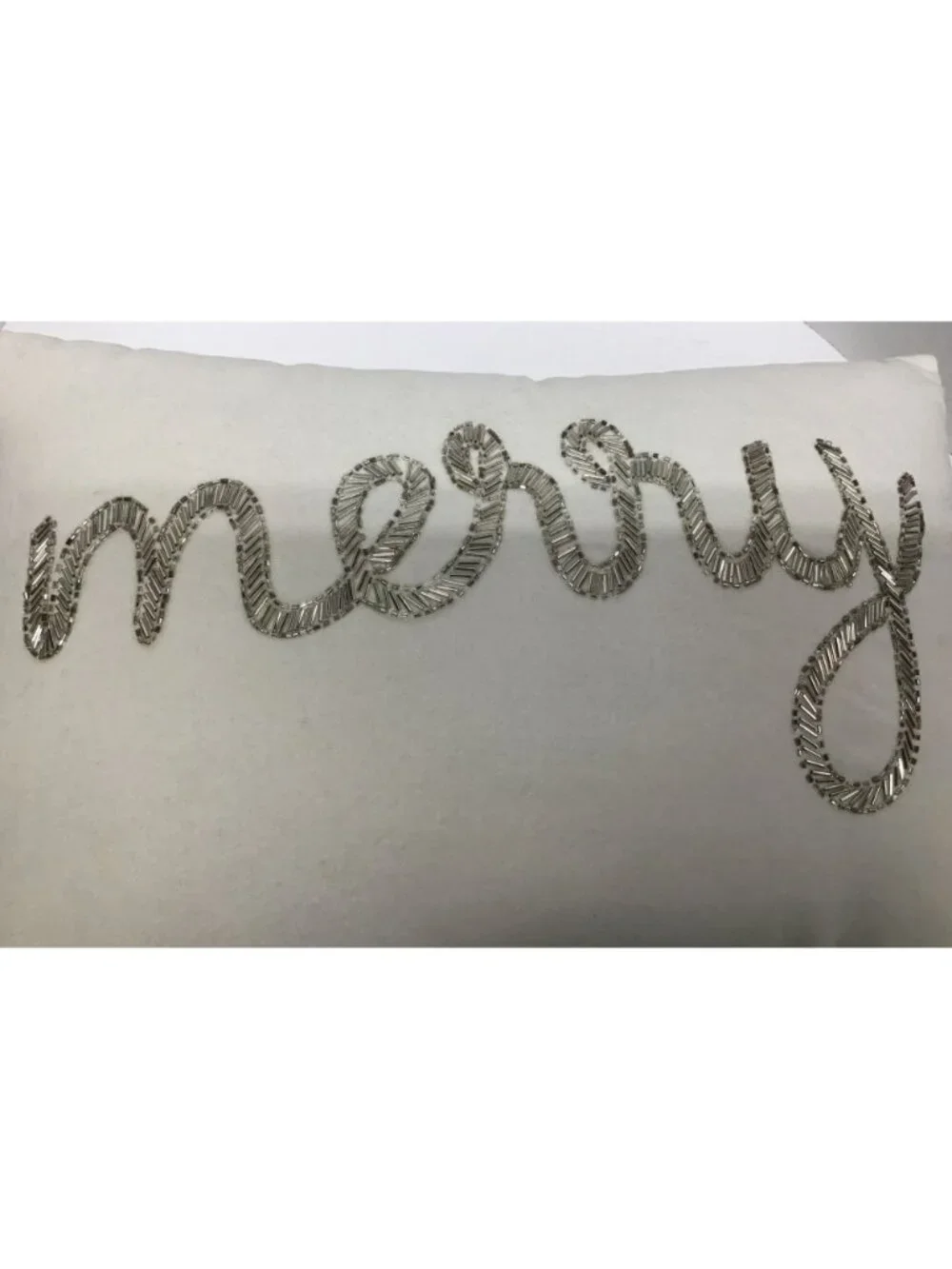 Christmas Silver Beaded Merry Design White Cotton Throw Pillow Devi Designs